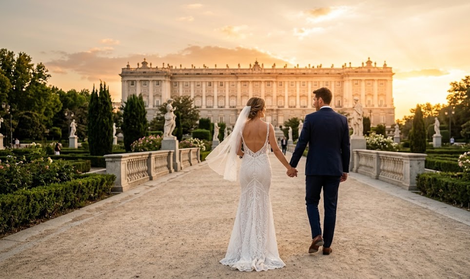 Pareja de novios sonriente caminando de la mano por una calle empedrada del centro de Madrid durante una sesión de fotografía de aniversario con luz cálida de atardecer.