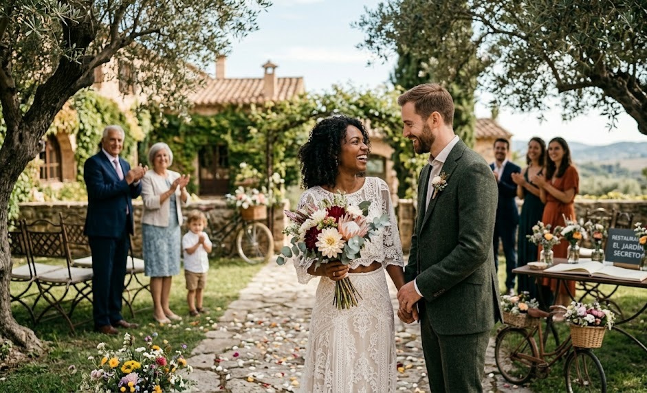Pareja sonriente y de la mano en su ceremonia de boda al aire libre en una finca rústica de piedra cerca de Madrid, con olivos y decoración bohemia. Invitados aplaudiendo al fondo