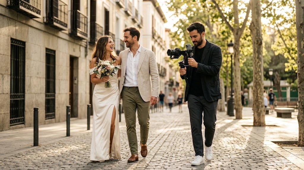 "Fotógrafo y Wedding Content Creator profesional en Madrid capturando con un estabilizador y smartphone a una pareja de novios que camina riendo por una calle soleada."