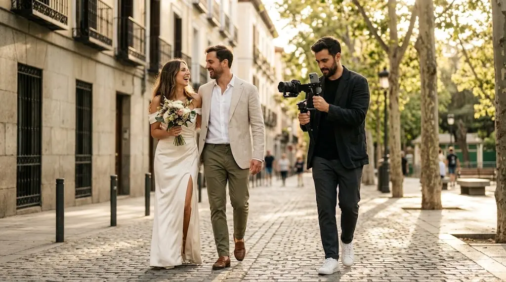 "Fotógrafo y Wedding Content Creator profesional en Madrid capturando con un estabilizador y smartphone a una pareja de novios que camina riendo por una calle soleada."