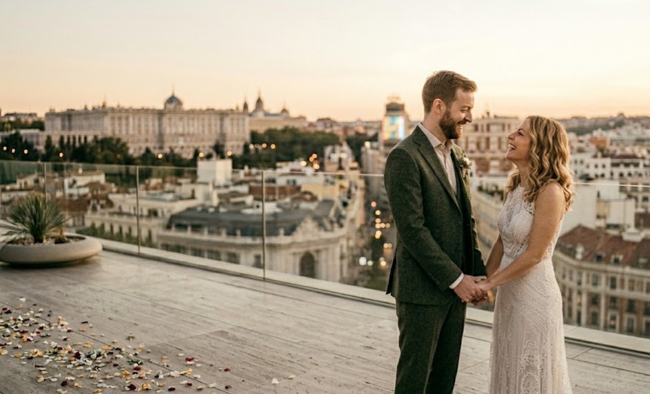 Pareja de novios sonrientes tomados de la mano en una terraza en la azotea de Madrid al atardecer, con vistas panorámicas al Palacio Real y la ciudad.