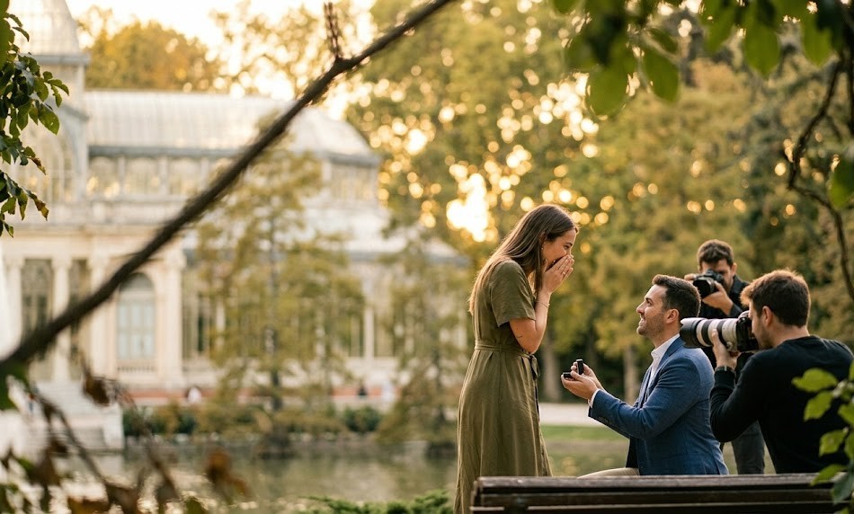 "Pedida de mano sorpresa frente al Palacio de Cristal en el Retiro de Madrid, con fotógrafos profesionales capturando el momento de forma discreta al atardecer."