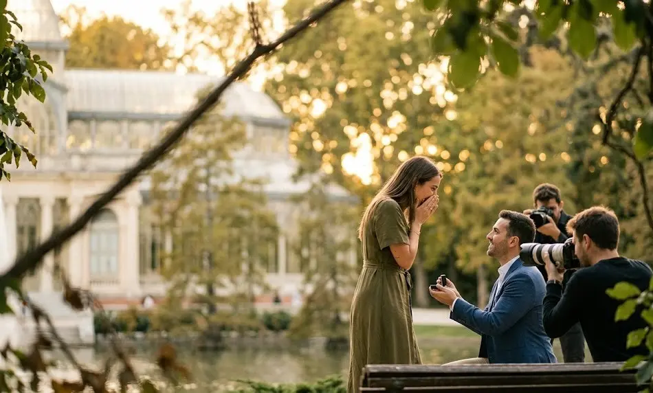 "Pedida de mano sorpresa frente al Palacio de Cristal en el Retiro de Madrid, con fotógrafos profesionales capturando el momento de forma discreta al atardecer."