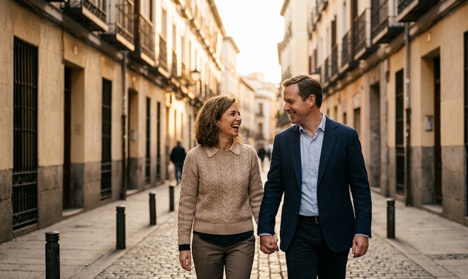 "Pareja sonriente caminando de la mano por una calle empedrada del centro de Madrid durante una sesión de fotografía de aniversario con luz cálida de atardecer."