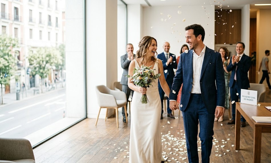 Novios felices en su boda civil en Madrid capturados por fotógrafo profesional